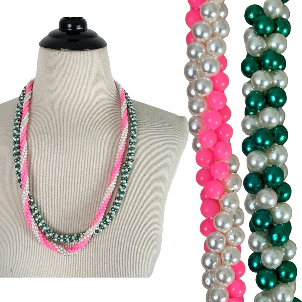 2 Vintage Handmade Pink Green Pearl Beaded NECKLACE Costume Retro Grannycore